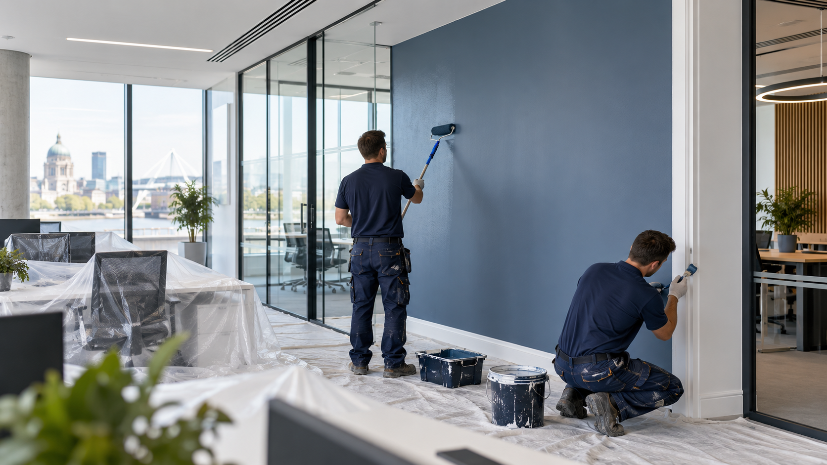 Professional decorators painting a blue wall in a modern office